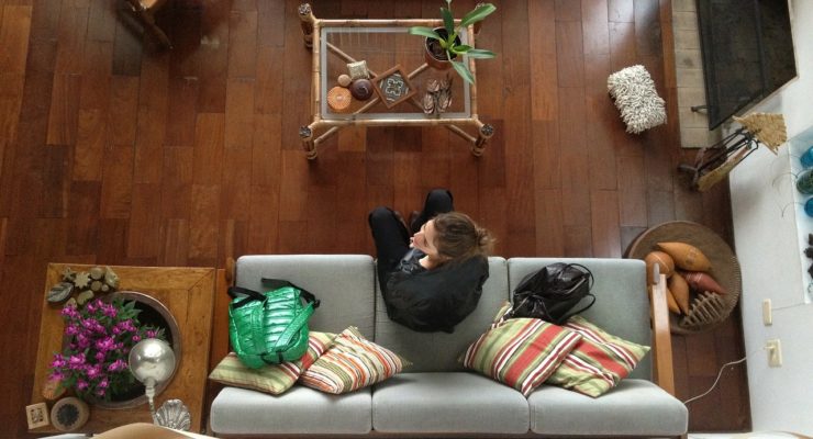 Birds eye view of woman in living room